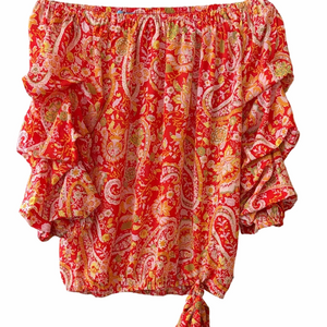 Off shoulder blouse Orange yellow white paisley with tiered sleeves by CeCe. S